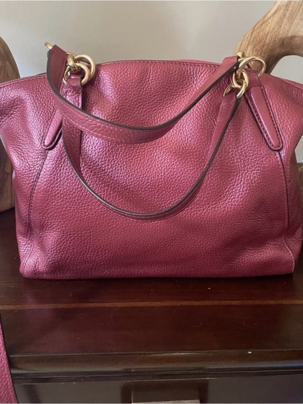 Coach Kelsey Metallic Pebbled Leather Shoulder Crossbody Rose Burgundy Gold Bag - Picture 5 of 15
